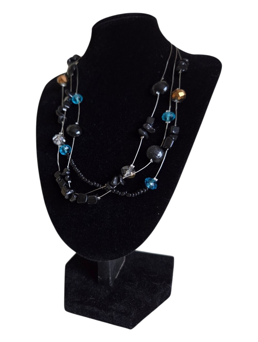 signed erica lyons multi strand black stone turquoise crystal illusion necklace
